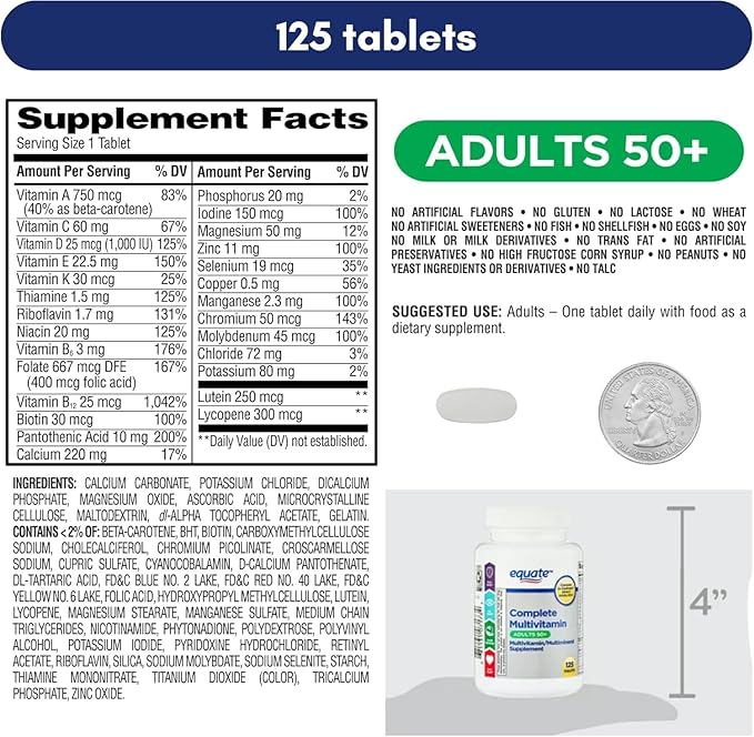 Equate Adult 50+ One Daily Complete Multivitamin Multimineral Supplement Tablets, Healthy Brain 125 Pills (Pack of 1)