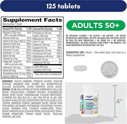 Equate Adult 50+ One Daily Complete Multivitamin Multimineral Supplement Tablets, Healthy Brain 125 Pills (Pack of 1)