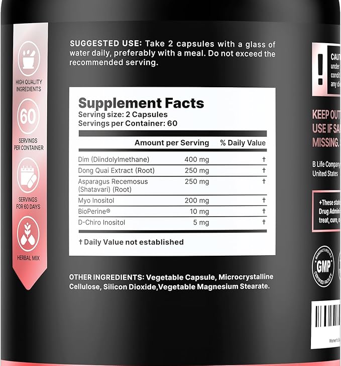 DIM Supplement 400 mg with Myo & D-Chiro Inositol, Dong Quai – Hormone Balance for Women – PCOS Supplements & Fertility Supplements – Inositol Supplement for Women - 120 Caps - 60 Day Supply