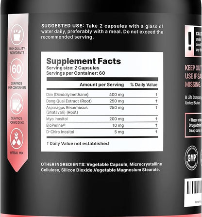 DIM Supplement 400 mg with Myo & D-Chiro Inositol, Dong Quai – Hormone Balance for Women – PCOS Supplements & Fertility Supplements – Inositol Supplement for Women - 120 Caps - 60 Day Supply