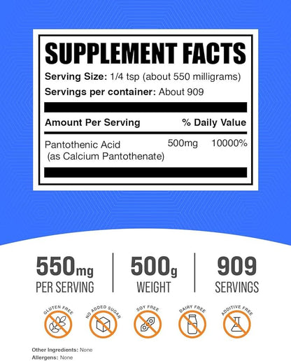 BulkSupplements.com Vitamin B5 Powder - as Calcium Pantothenate, B5 Vitamins - Gluten Free, 500mg of Vitamin B5 Pantothenic Acid per Serving, 500g (1.1 lbs) (Pack of 1)