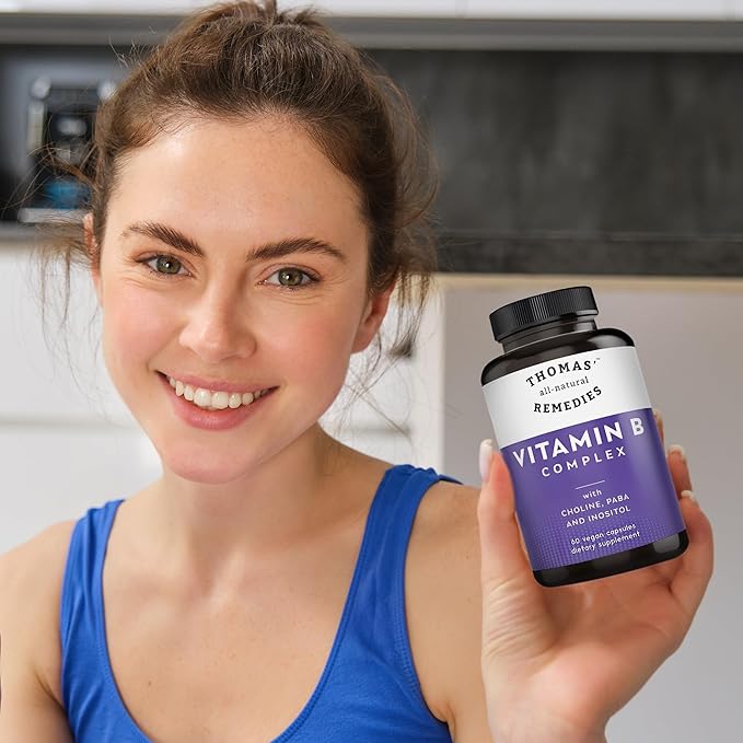 Thomas' all-natural Remedies Vitamin B Complex with Choline, PABA & Inositol, Supports Energy Metabolism, Clarity & Nerve Support, Hair Skin Nails Vitamins, Made in USA, 60 Vegan Capsules