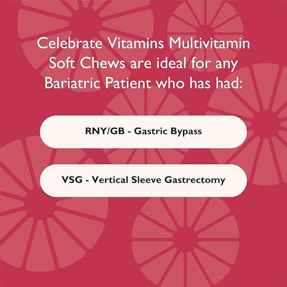 Celebrate Vitamins Bariatric Multivitamin Soft Chews - Essential Vitamins & Minerals, Sugar & Gluten Free - Gastric Bypass & Sleeve Gastrectomy Supplement - Berry/Orange/Cherry (180ct)