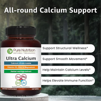 Pure Nutrition Ultra Calcium 1000mg with VIT D3 + K2 | 120 Tab | Highly absorbable Calcium Supplement with Calcium Citrate Malate, VIT D3, K2, Moringa Oleifera, Magnesium and Zinc.