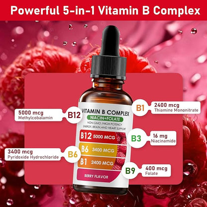 Vitamin B12 Complex with B1, B6, Vitamin B12 Raspberry Liquid Supplement, Essential Vitamin 5-in-1 Vitamin B Complex Liquid Drops, Brain Function, Focus, and Natural Energy Support (2PCS)