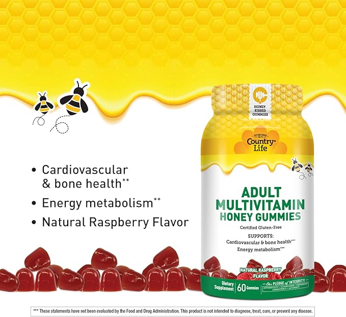 Country Life Adult Multivitamin Honey Gummies – Bone, Heart & Energy Support – Non-GMO, Certified Gluten Free, Vegetarian – Naturally Sweetened – 60 Gummies