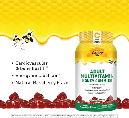 Country Life Adult Multivitamin Honey Gummies – Bone, Heart & Energy Support – Non-GMO, Certified Gluten Free, Vegetarian – Naturally Sweetened – 60 Gummies