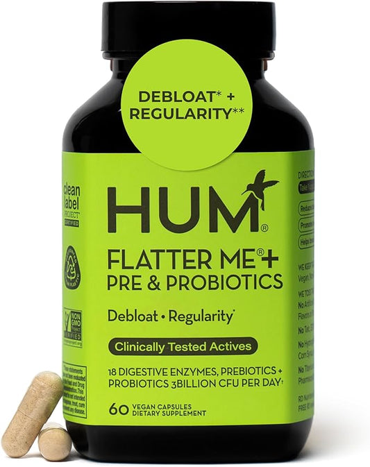 HUM Flatter Me Digestive Enzymes for Women & Men, Digestive Health Bloating Supplement with Ginger & Peppermint Leaf, Fast Acting Anti Bloat Pills Multi Enzyme for Debloating, Vegan, 60 Capsules