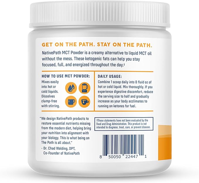 NativePath MCT Oil Powder Supplement - Unflavored MCT Powder with Keto-Friendly C8 MCTs. Free of Dairy, Gluten and GMOs, 25 Servings