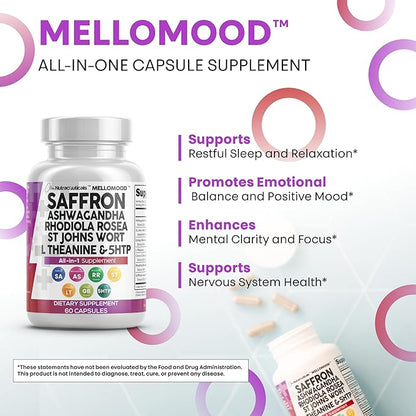 Clean Nutraceuticals Saffron Supplements Extract 100mg + Ashwagandha L-Theanine 200mg - Mood Support Ginkgo Biloba, St. John's Wort, Rhodiola Rosea & 5-HTP Capsules Pills Men Women