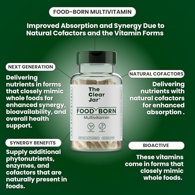 Food-Born Multivitamins,13 Daily Vitamins for Men & Women: A D2 C K1 E B1 B6 B12 etc. Non-Synthetic, Vegan, Food-Based Bioactive Vitamins, 60-Capsule
