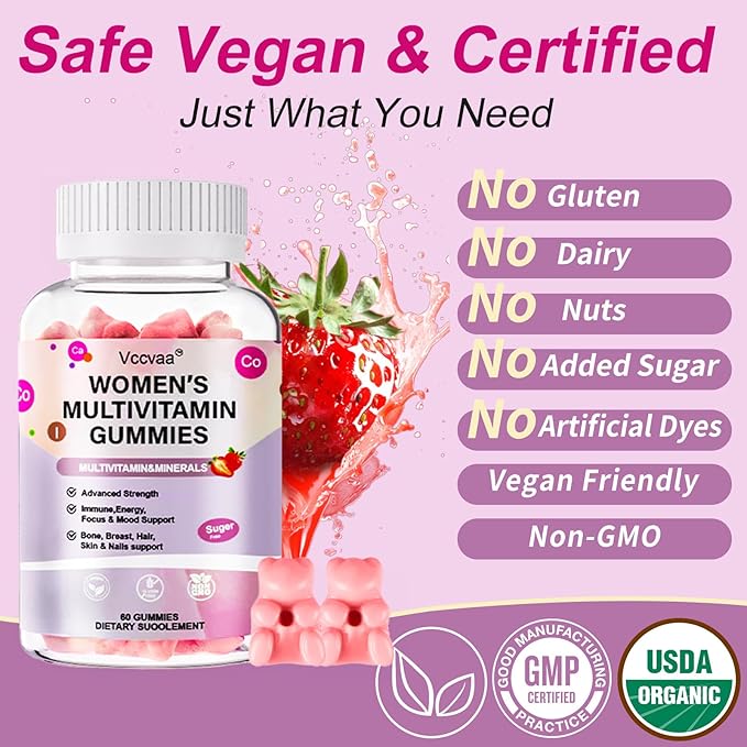 Sugar Free Multivitamin Gummies for Women 14+ with Iron, Inositol, Folate, Vitamins A C D3 E B12 K2, Herbal & Mineral Blend, Daily Vegan Gummy for Hair, Skin, Energy, Immune Support – 60 Count