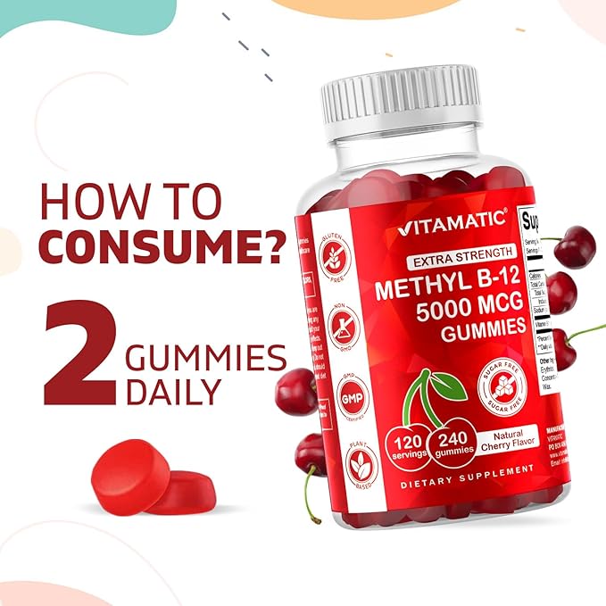 Vitamatic Extra Strength Vitamin B12 5000 mcg (Methyl B12) Gummies - 240 Count, Natural Cherry Flavored