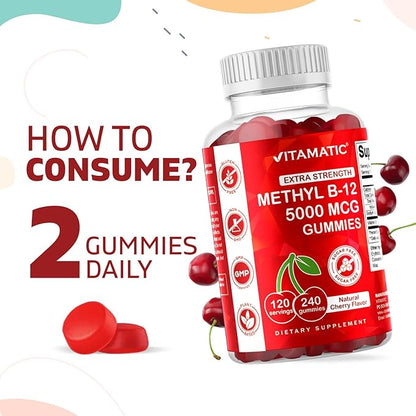 Vitamatic Extra Strength Vitamin B12 5000 mcg (Methyl B12) Gummies - 240 Count, Natural Cherry Flavored