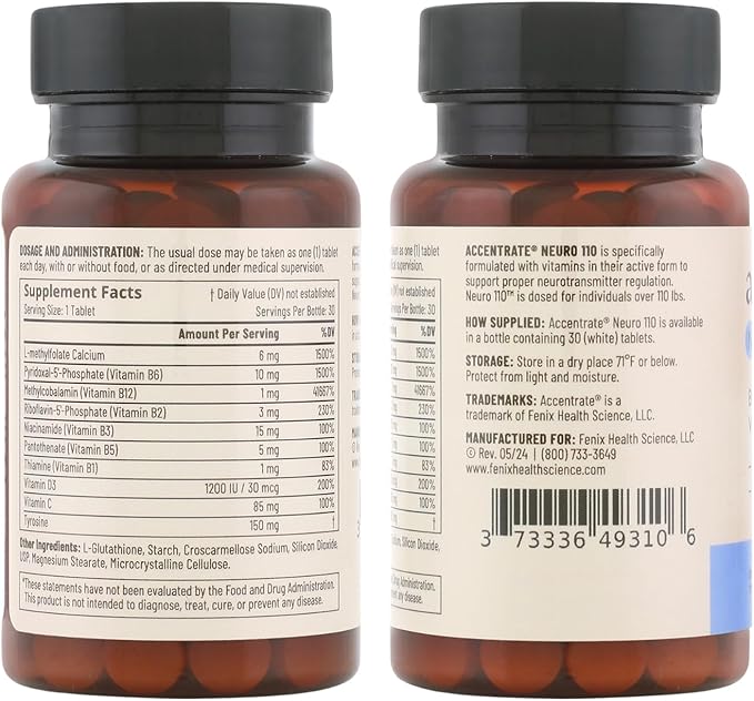 Accentrate Neuro 110- Complete Vitamin B Complex | Methylated Multivitamin w/L-Methylfolate (5-MTHF) Methylcobalamin (B12) Pyridoxal-5'-Phosphate (P5P) | Brain Health | MTHFR Supplement | 30 Tablets