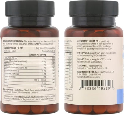 Accentrate Neuro 110- Complete Vitamin B Complex | Methylated Multivitamin w/L-Methylfolate (5-MTHF) Methylcobalamin (B12) Pyridoxal-5'-Phosphate (P5P) | Brain Health | MTHFR Supplement | 30 Tablets