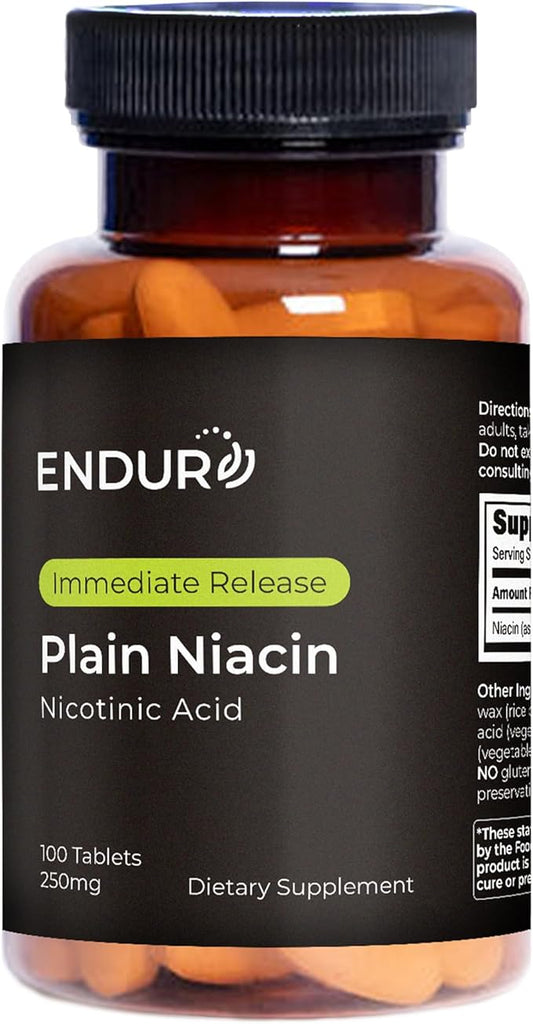 Endur Plain Niacin (Nicotinic Acid), Heart Health & Healthy Cholesterol Balance Supplement, Immediate-Release Formula, Gluten Free, 250mg (100 Tablets)