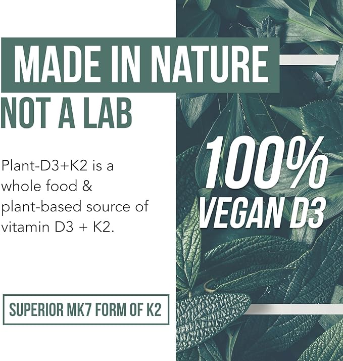 Organic Plant D3 + K2 | 10000 IU D3 + 120 mcg K2 as All-Trans MK7 from MenaQ7® - 100% Whole Food, Raw & Vegan | Enhanced Digestion with Prebiotic & Superfood Complex – D3 from Organic Algae (60 Count)
