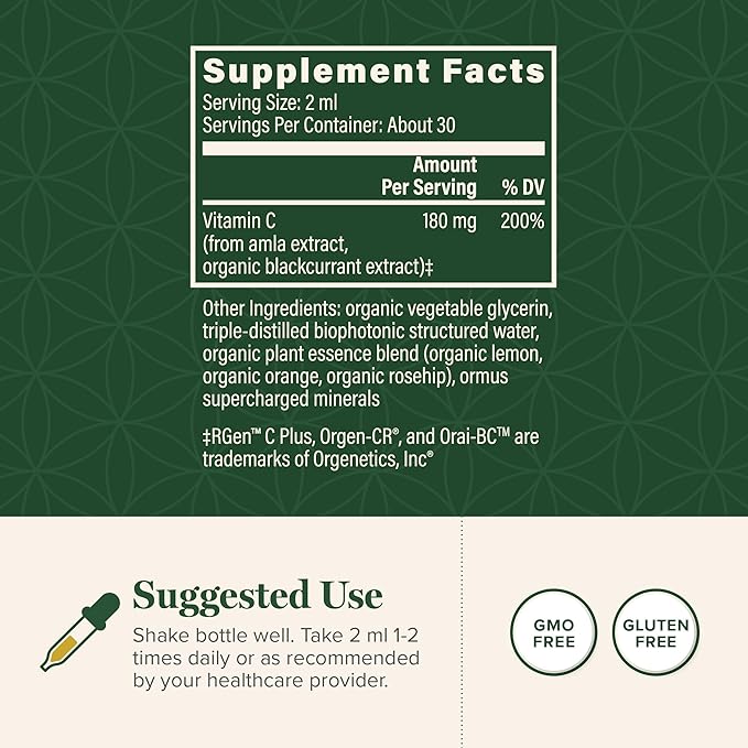 Global Healing Center USDA Organic Vitamin C Supplement Drops 180mg, Liquid Vitamin C Plant-Based Antioxidant Supplement, Supports Immune System - Vitamina C - Natural Energy for Men and Women (2 Oz)