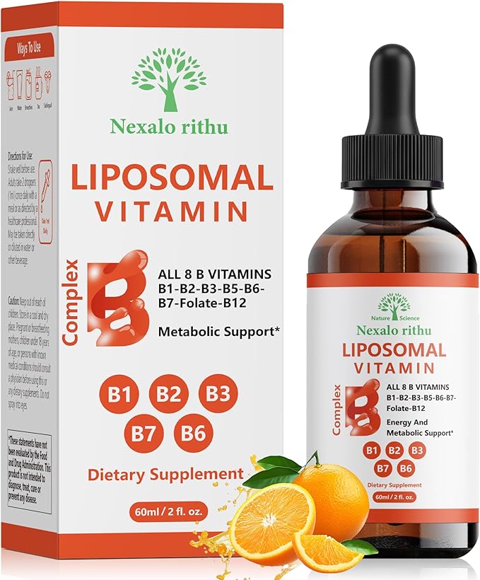 Liposomal Vitamin B Complex,Vitamin B Complex Liquid,B Complex Liquid Drops for Women Men-Improved Absorption,Methylated B12,B1,B2,B3,B5,B6,Folate (B9),Biotin (B7) for Energy and Immune Support-2.0 oz