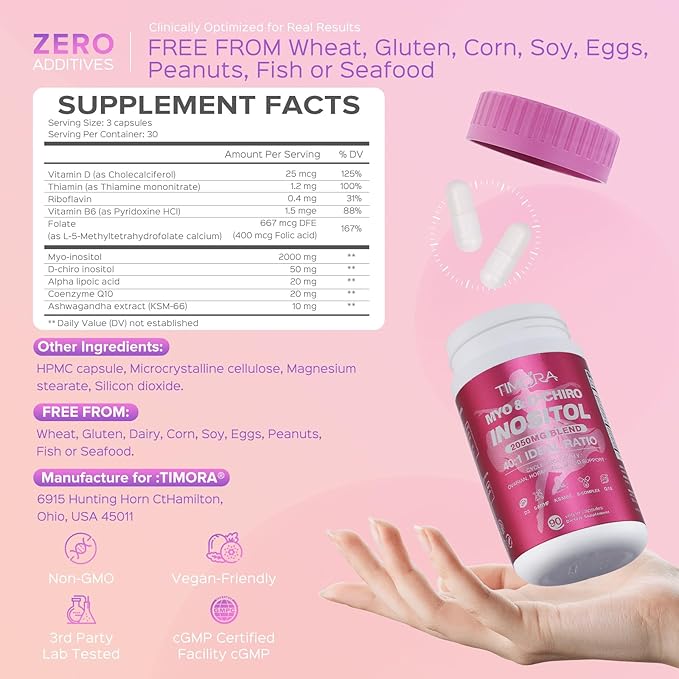 TIMORA Myo & D-Chiro Inositol for Women,Hormone Balance & Ovarian Support,10-in-1 Formula with 40:1 Ideal Ratio, Folate (5-MTHF), KSM66 Ashwagandha, CoQ10, Vitamins D3 | Natural&Plant-Based