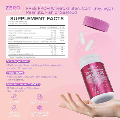 TIMORA Myo & D-Chiro Inositol for Women,Hormone Balance & Ovarian Support,10-in-1 Formula with 40:1 Ideal Ratio, Folate (5-MTHF), KSM66 Ashwagandha, CoQ10, Vitamins D3 | Natural&Plant-Based
