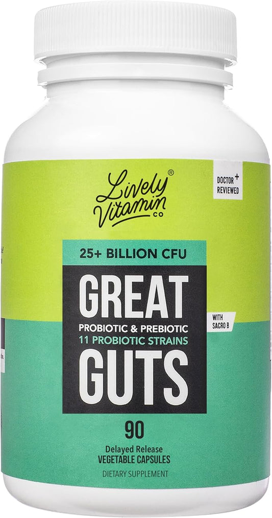 LIVELY VITAMIN CO. Great Guts Probiotic - 25 Billion CFU Probiotic - Balance Gut Microbiome, GI Tract, Inflammation, Indigestion, Reflux, Upset Stomach, & Diarrhea - 90 Caps