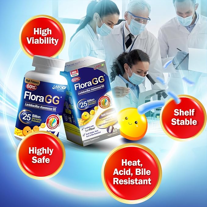 LABO Nutrition FloraGG, Lactobacillus Rhamnosus GG 25 Billion CFU Active Probiotics & Sunfiber Prebiotic Fiber Supplement, Support Healthy Intestinal, Immune Health| Delayed Release & Gluten Free 60s