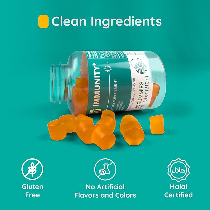Halal & Gluten Free Immunity Gummy - Dietary Supplement with Vitamins for Adults & Teens - Chewable Multivitamin Booster Gummies with Zinc, Vitamin C and D - 60 Gummies (7.4 oz)