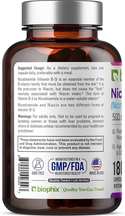 biophix B-3 Nicotinamide 500 mg 180 Caps - Nicotinic Amide Niacin Natural Flush-Free Vitamin Formula - Supports Skin Cell Health