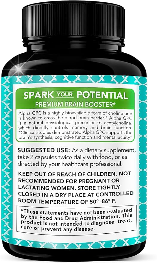 Alpha GPC Choline Supplement 600mg, 99%+ Highly Purified, Highly Bioavailable Source of Choline,180 Veggie Capsules, Cognitive Enhancer Nootropic, Supports Memory & Brain Function, Boosts Focus & Mood