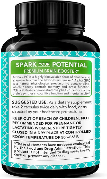 Alpha GPC Choline Supplement 600mg, 99%+ Highly Purified, Highly Bioavailable Source of Choline,180 Veggie Capsules, Cognitive Enhancer Nootropic, Supports Memory & Brain Function, Boosts Focus & Mood