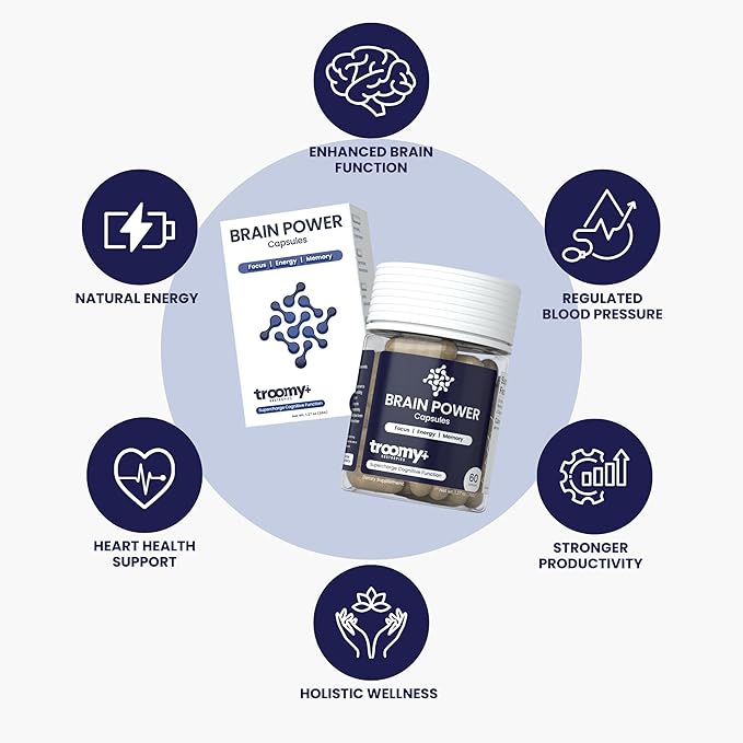 Troomy Brain Power - Focus and Memory Supplement for Brain | Citicoline, Lion's Mane, Cordyceps | Enhance Brain Function and Memory | - 60 Capsules