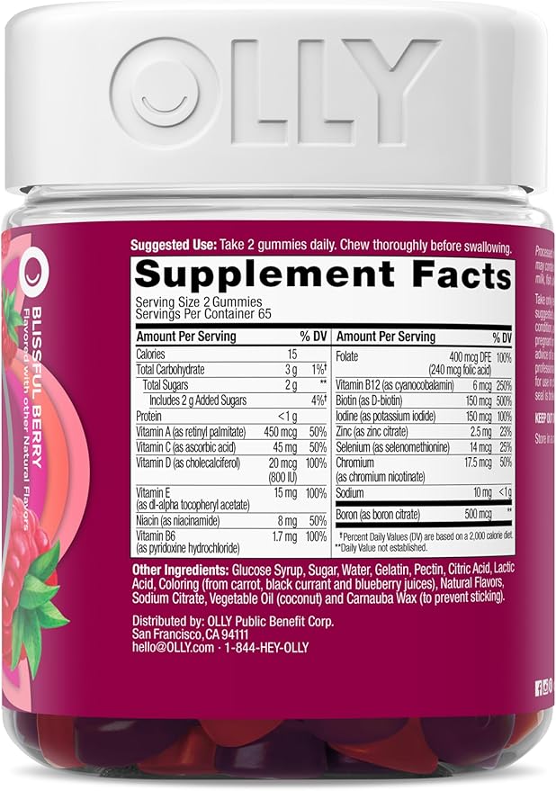 OLLY Women's Daily Multivitamin Gummy, Vitamins A, D, C, E, Biotin, Folic Acid, Adult Chewable Vitamin, Berry Flavor, 65 Day Supply - 130 Count
