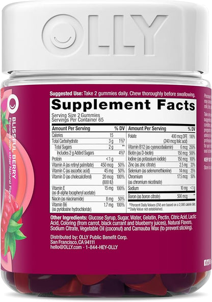 OLLY Women's Daily Multivitamin Gummy, Vitamins A, D, C, E, Biotin, Folic Acid, Adult Chewable Vitamin, Berry Flavor, 65 Day Supply - 130 Count