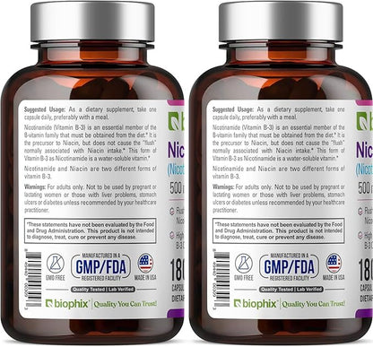 biophix B-3 Nicotinamide 500 mg 180 Caps 2 Pack - Nicotinic Amide Niacin Natural Flush-Free Vitamin Formula - Supports Skin Cell Health