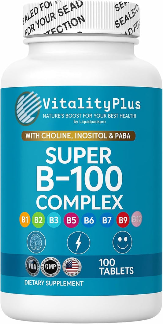 Super B-100 Complex – All B Vitamins Including B12, B1, B2, B3, B5, B6, B7, B9, Folate – High Potency B-Vitamins with Choline, Inositol & PABA – Energy & Metabolism Support – 100 Tablets