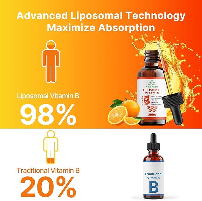 Liposomal Vitamin B Complex,Vitamin B Complex Liquid,B Complex Liquid Drops for Women Men-Improved Absorption,Methylated B12,B1,B2,B3,B5,B6,Folate (B9),Biotin (B7) for Energy and Immune Support-2.0 oz