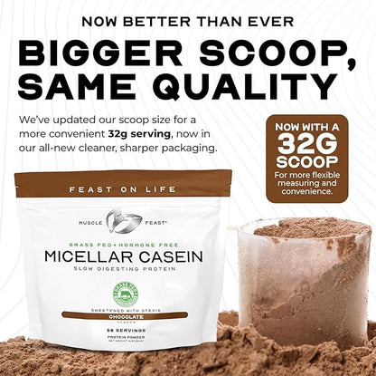 Muscle Feast Grass Fed Micellar Casein Protein Powder, Pasture Raised & Hormone Free, Slow Digesting Casein Protein - Supports Overnight Muscle Recovery, Gluten Free Protein Powder - Unflavored, 4lb