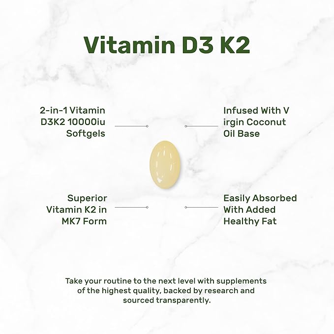DEAL SUPPLEMENT Vitamin D3 10,000 IU + K2 MK7 200mcg Softgels, 250 Count | 2-in-1 Complex with Virgin Coconut Oil | Supports Heart, Bone, Teeth & Immune Health | Easy to Swallow