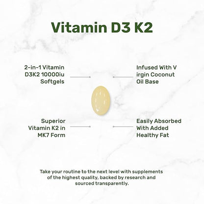 DEAL SUPPLEMENT Vitamin D3 10,000 IU + K2 MK7 200mcg Softgels, 250 Count | 2-in-1 Complex with Virgin Coconut Oil | Supports Heart, Bone, Teeth & Immune Health | Easy to Swallow