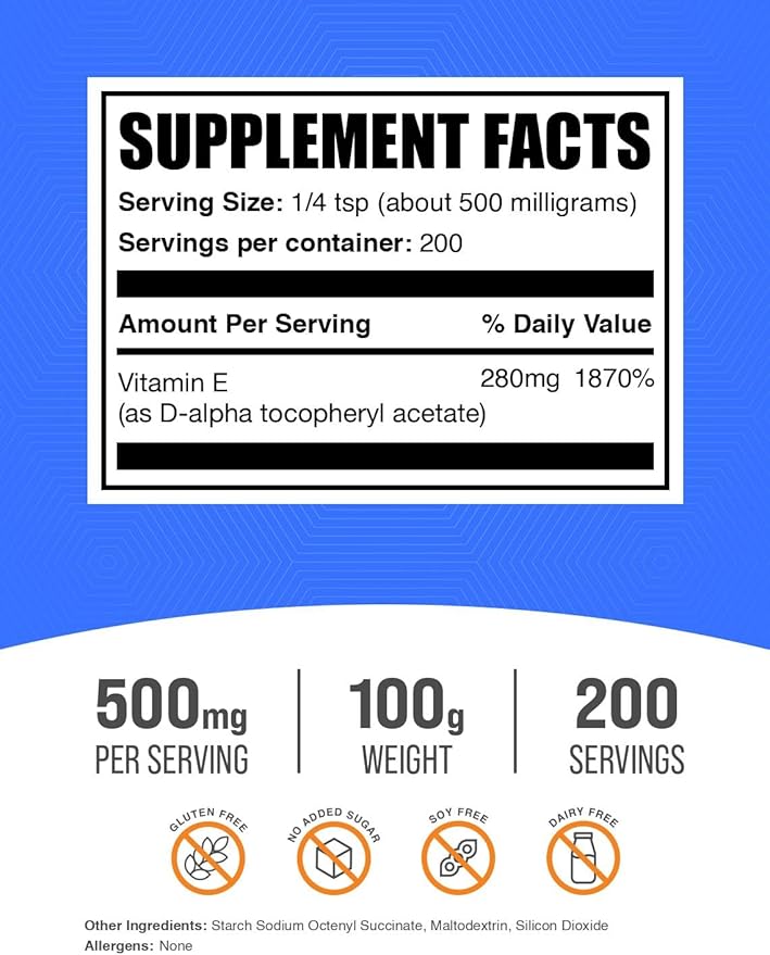 BulkSupplements.com Vitamin E 400 IU Powder - as D-Alpha Tocopherol, Nutritional Supplements - Gluten Free, 500mg per Serving, 100g (3.5 oz) (Pack of 1)