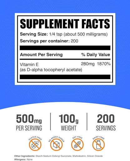 BulkSupplements.com Vitamin E 400 IU Powder - as D-Alpha Tocopherol, Nutritional Supplements - Gluten Free, 500mg per Serving, 100g (3.5 oz) (Pack of 1)
