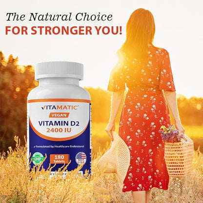 Vitamatic Vitamin D2 60 mcg (2400 IU) - Ergocalciferol - 180 Vegetarian Tablets (180 Tablets (Pack of 1)) (1 Bottle)