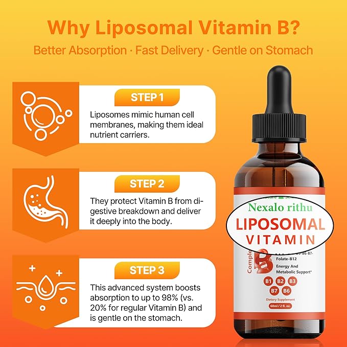 Liposomal Vitamin B Complex,Vitamin B Complex Liquid,B Complex Liquid Drops for Women Men-Improved Absorption,Methylated B12,B1,B2,B3,B5,B6,Folate (B9),Biotin (B7) for Energy and Immune Support-2.0 oz