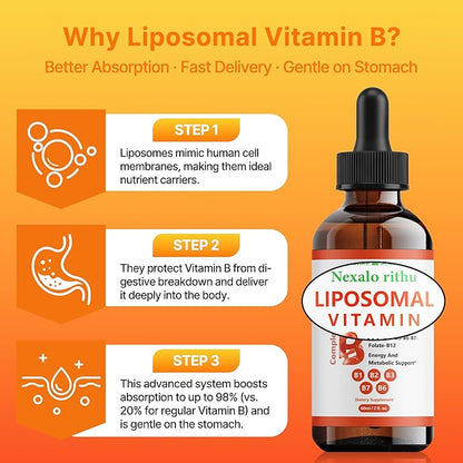 Liposomal Vitamin B Complex,Vitamin B Complex Liquid,B Complex Liquid Drops for Women Men-Improved Absorption,Methylated B12,B1,B2,B3,B5,B6,Folate (B9),Biotin (B7) for Energy and Immune Support-2.0 oz