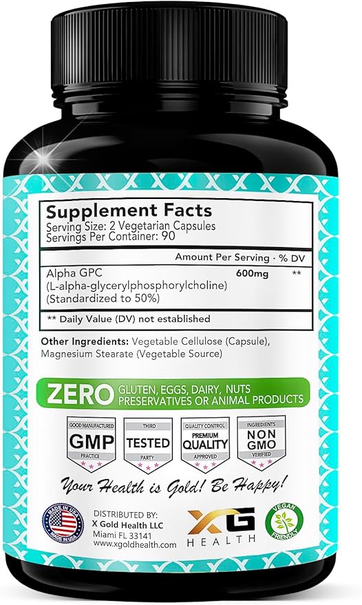 Alpha GPC Choline Supplement 600mg, 99%+ Highly Purified, Highly Bioavailable Source of Choline,180 Veggie Capsules, Cognitive Enhancer Nootropic, Supports Memory & Brain Function, Boosts Focus & Mood