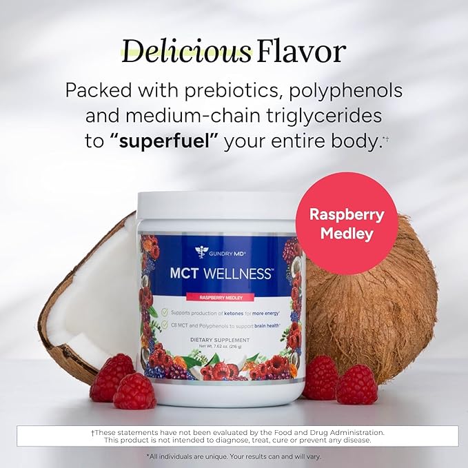 Gundry MD MCT Wellness Powder to Support Energy, Ketone Production and Brain Health, Keto Friendly, Sugar Free (90 Day Supply, Raspberry Medley)