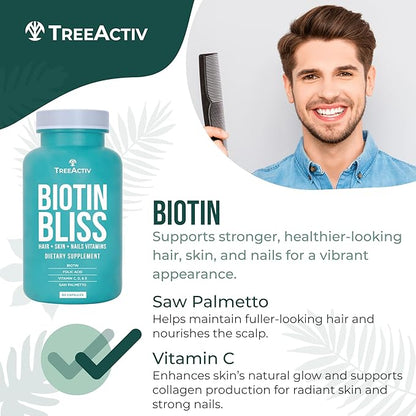 Biotin Bliss Skin Hair Nails Vitamins + Saw Palmetto Supplement Volumizer & Thickening Formula for Men Women Folate MSM B Complex for Hair Growth & Strength 60 Capsules 30-Day Supply