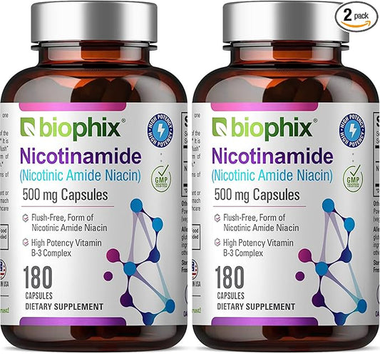 biophix B-3 Nicotinamide 500 mg 180 Caps 2 Pack - Nicotinic Amide Niacin Natural Flush-Free Vitamin Formula - Supports Skin Cell Health